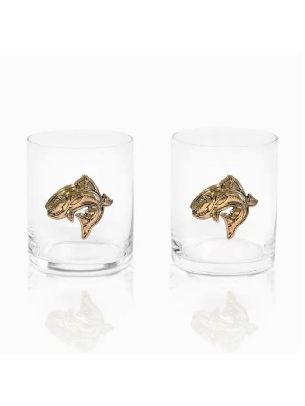 2 Fish Embellished 13oz Crystal Glass Set Whiskey Drinkware Thick Sturdy Base